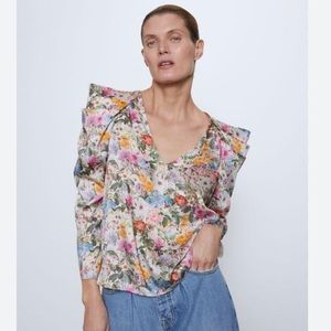 Zara Floral top with pleated shoulder detail